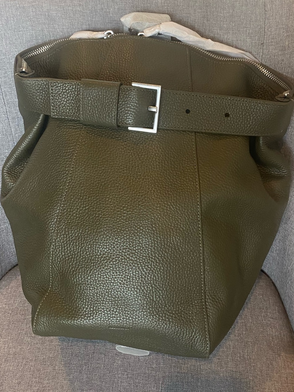 All Saints Olive Green Pebbled Leather Backpack with Buckle Strap